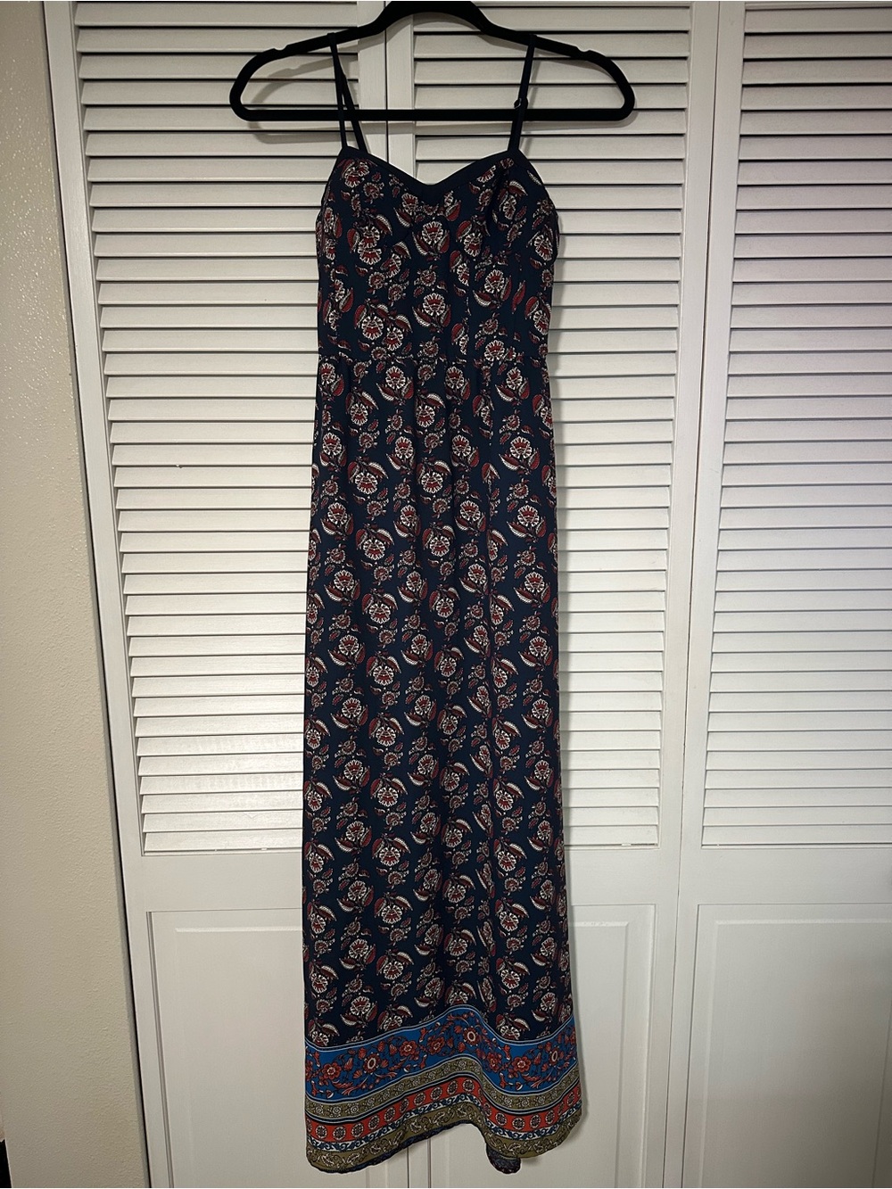 Xhilaration Navy Paisley Boho Maxi Dress with Red and Blue Accents